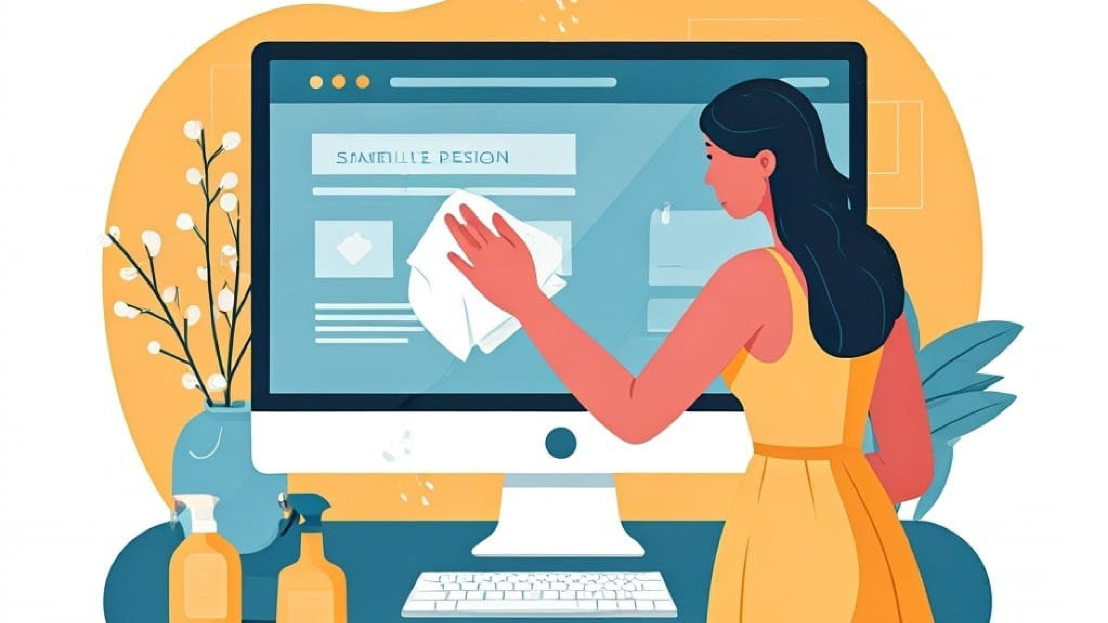 A woman in a yellow sundress wipes down a computer screen on a blue desk with some scattered cleaning products and sprigs of flowers