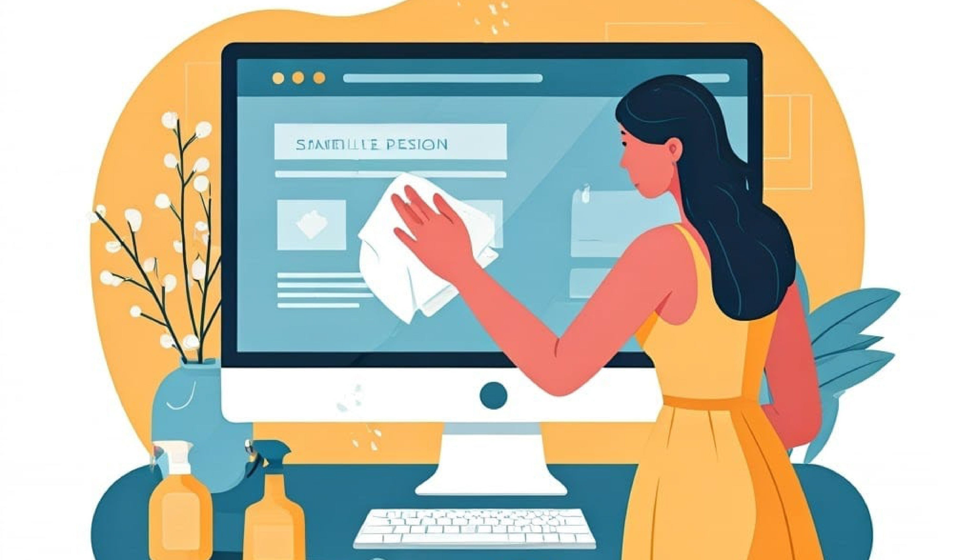 A woman in a yellow sundress wipes down a computer screen on a blue desk with some scattered cleaning products and sprigs of flowers