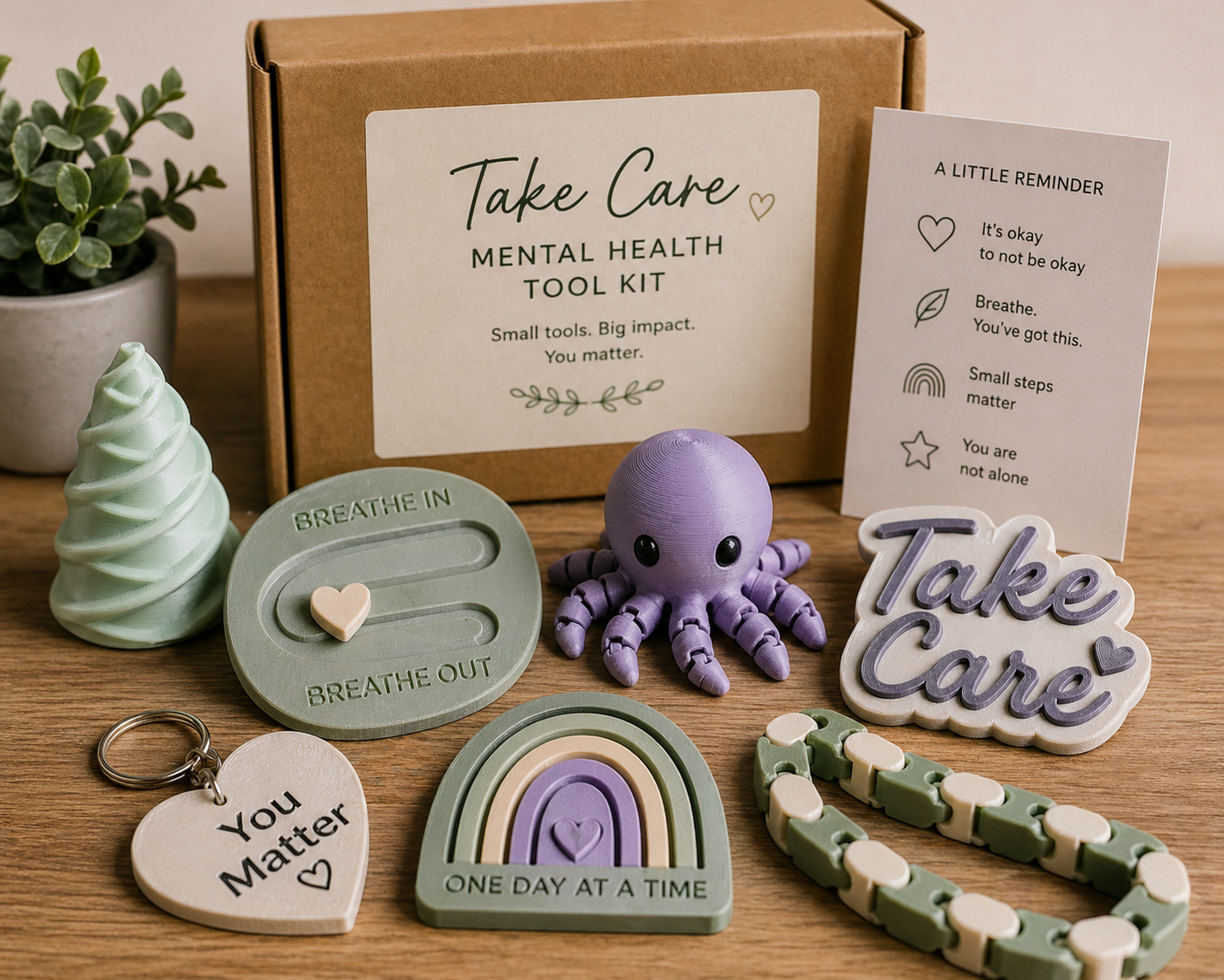 Mental health tool kit with various 3d printed items on a wooden surface