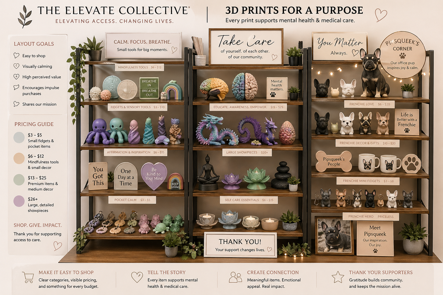 Display example of decorative items and signs with 'The Elevate Collective' branding on a wooden shelf.